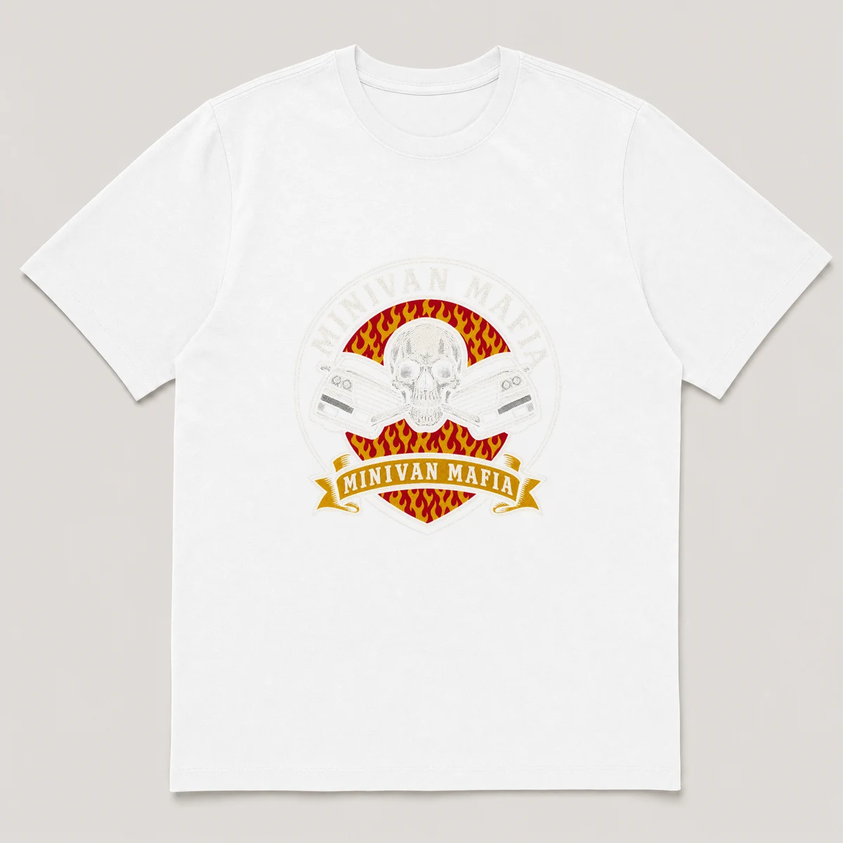flat lay mockup of a heavyweight tee in black, front view, with the printed design MINIVAN MAFIA across the chest, White front view