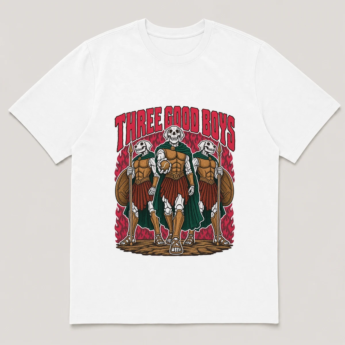 flat lay mockup of a heavyweight tee in black, front view, with the printed design THREE GOOD BOYS across the chest, White front view