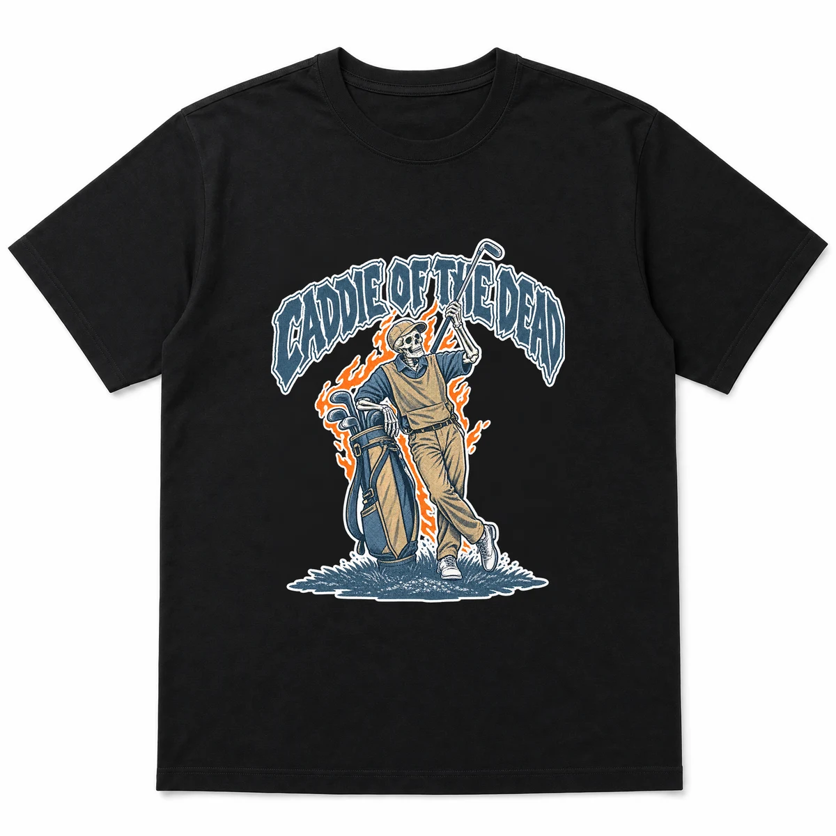 flat lay mockup of a heavyweight tee in black, front view, with the printed design CADDIE OF THE DEAD across the chest, Black front view