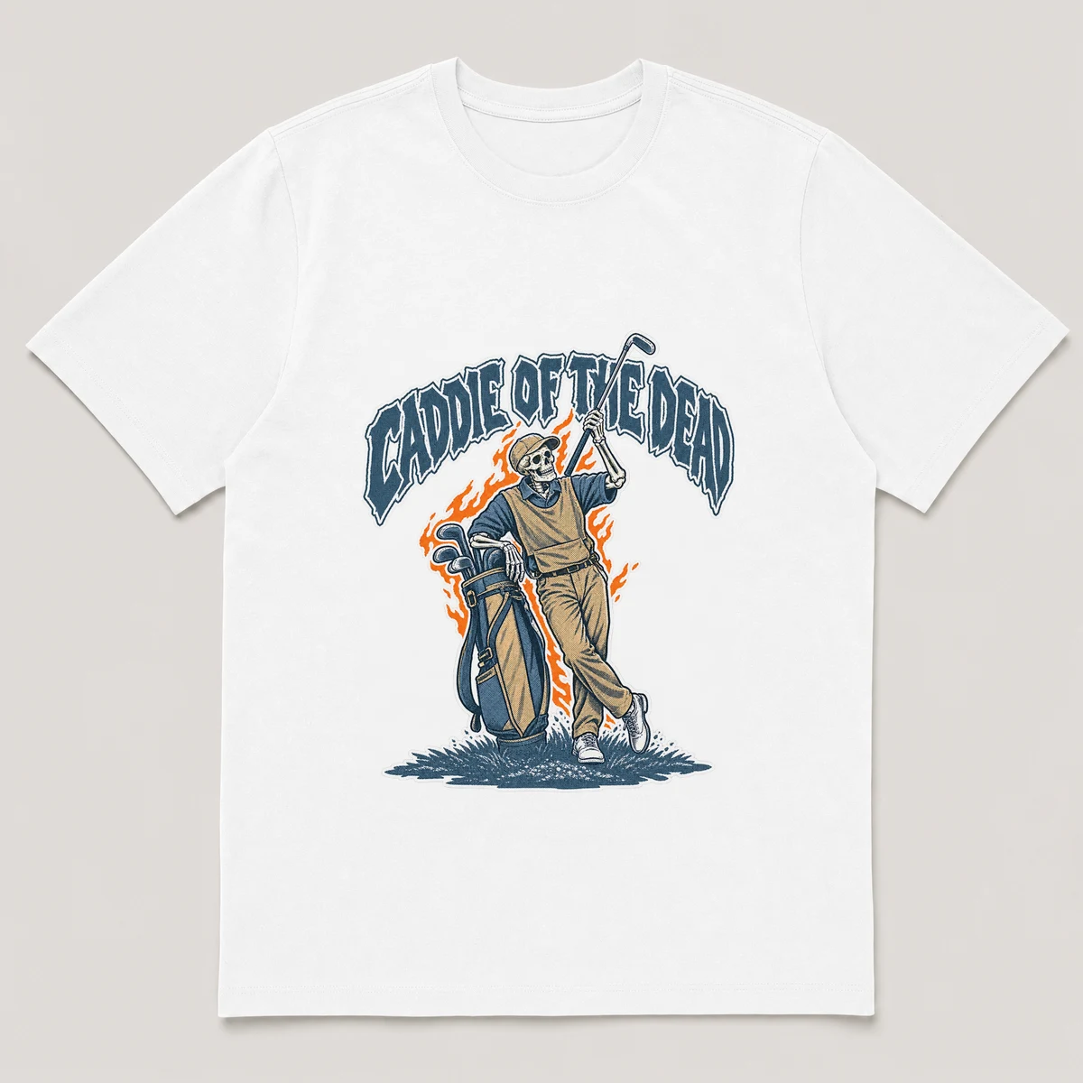 flat lay mockup of a heavyweight tee in black, front view, with the printed design CADDIE OF THE DEAD across the chest, White front view