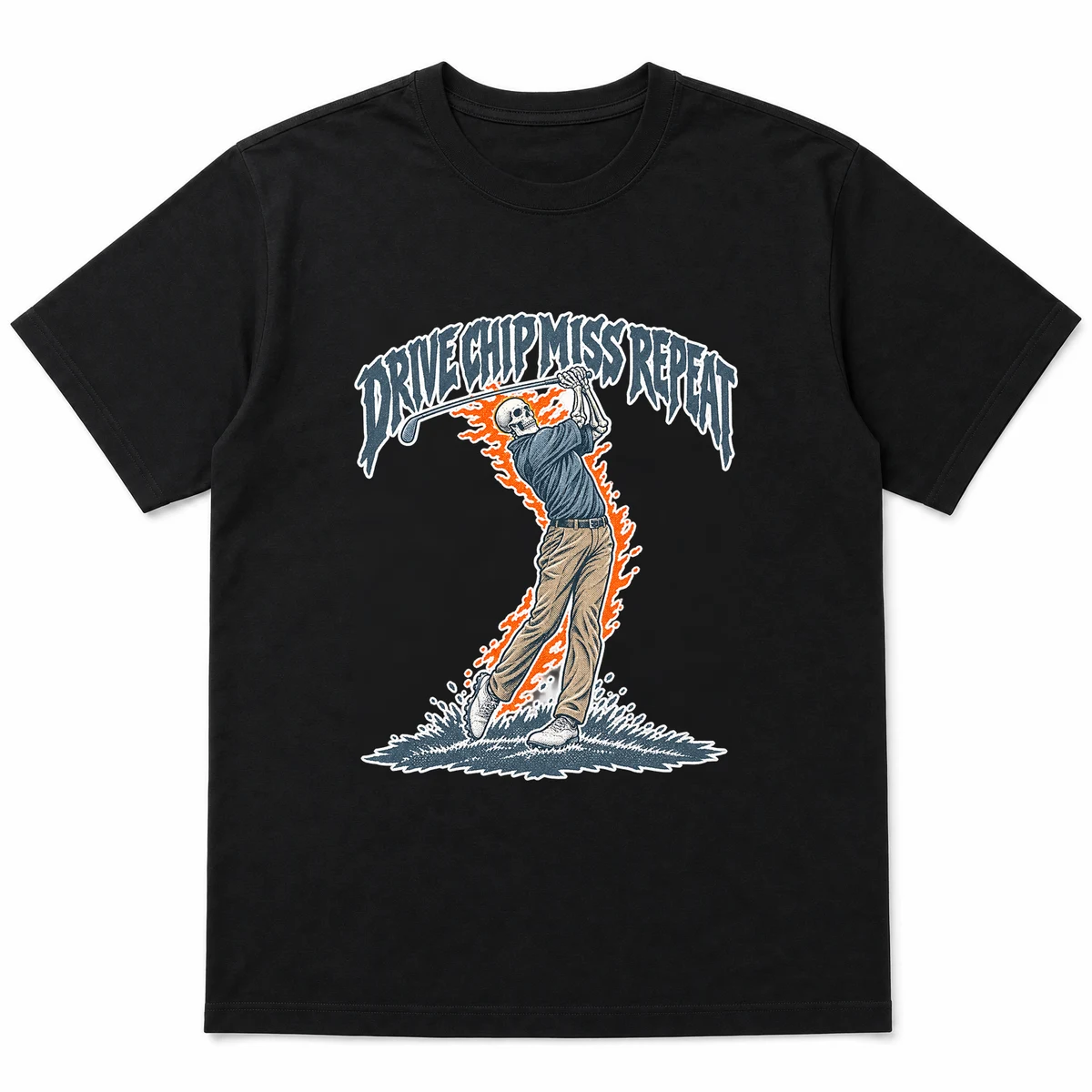 flat lay mockup of a heavyweight tee in black, front view, with the printed design DRIVE CHIP MISS REPEAT across the chest
