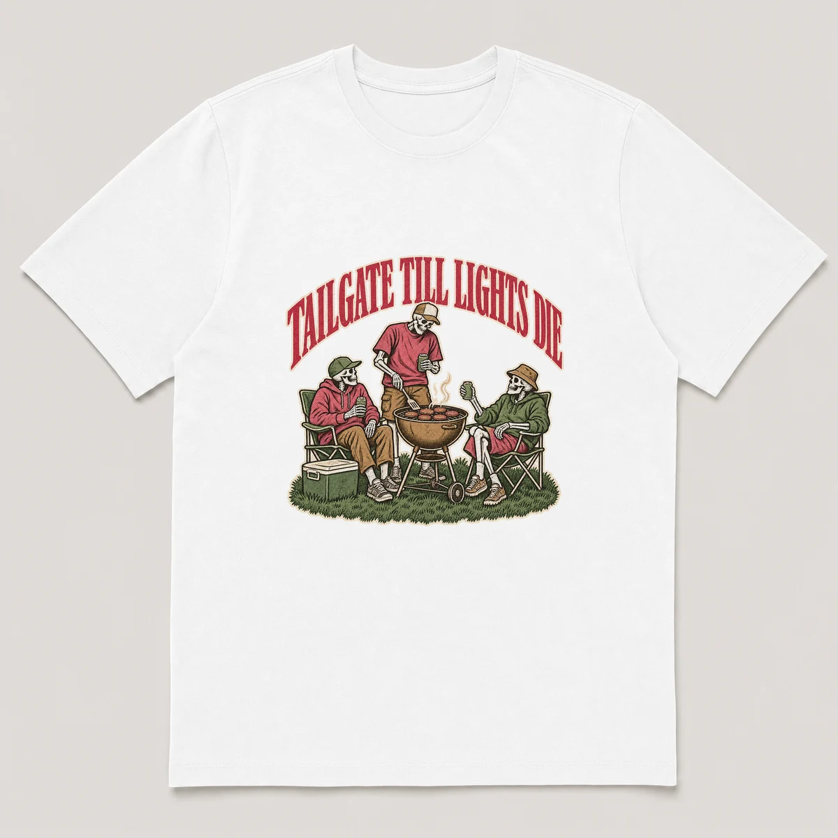 flat lay mockup of a heavyweight tee in black, front view, with the printed design TAILGATE TILL LIGHTS DIE across the chest, White front view