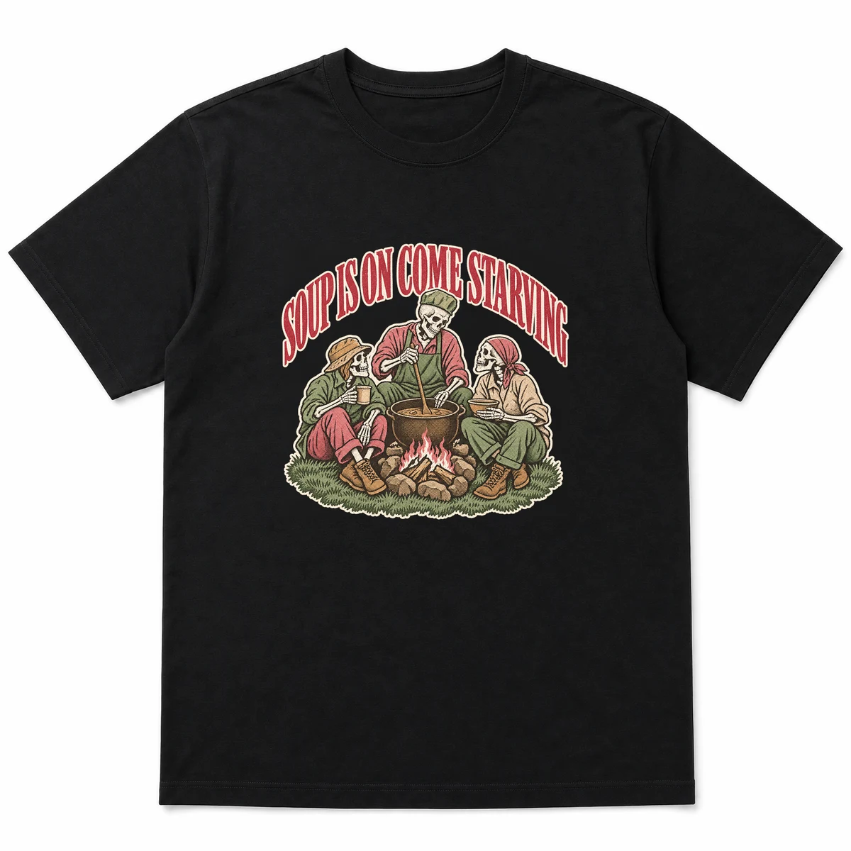 flat lay mockup of a heavyweight tee in black, front view, with the printed design SOUP IS ON COME STARVING across the chest, Black front view