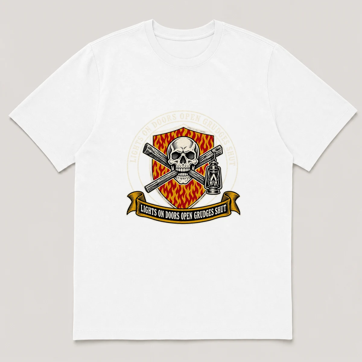 flat lay mockup of a heavyweight tee in black, front view, with the printed design LIGHTS ON DOORS OPEN GRUDGES SHUT across the chest, White front view