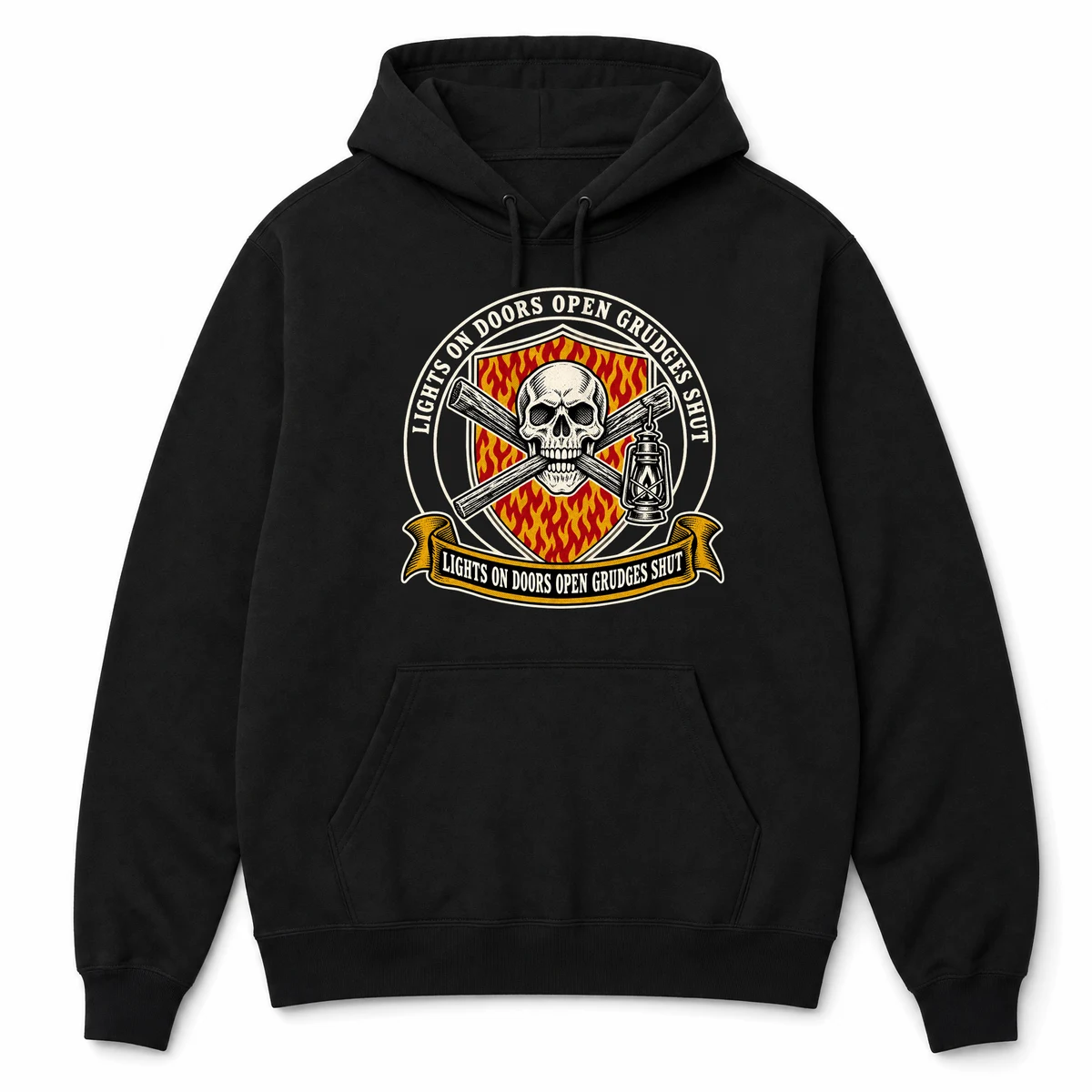 flat lay mockup of a heavyweight tee in black, front view, with the printed design LIGHTS ON DOORS OPEN GRUDGES SHUT across the chest, Black front view