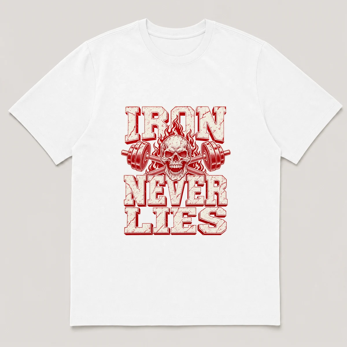 flat lay mockup of a heavyweight tee in black, front view, with the printed design IRON NEVER LIES across the chest, White front view