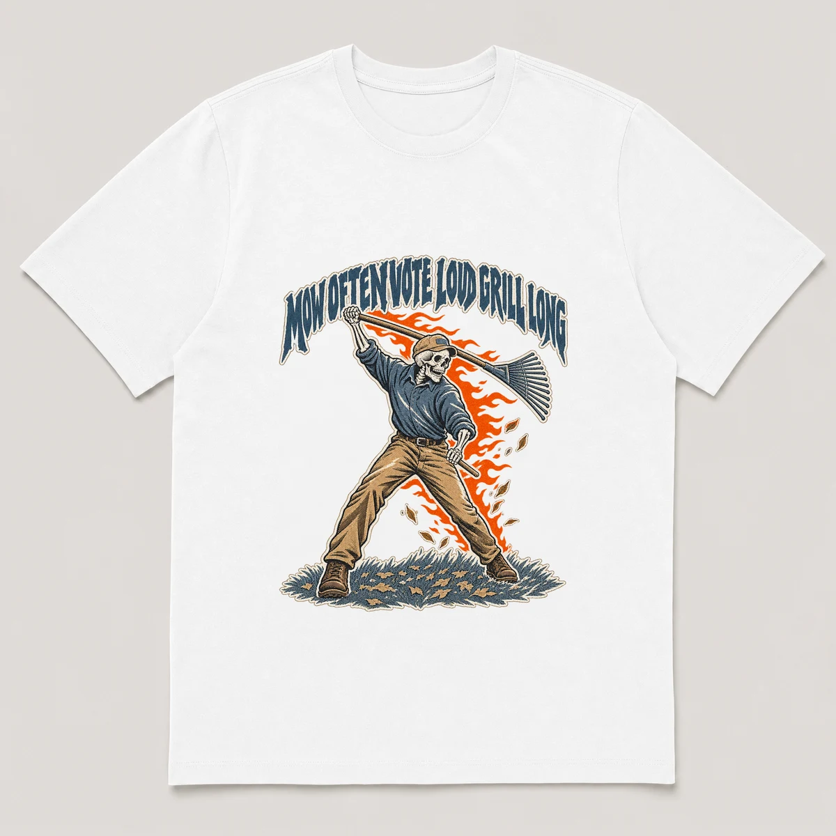 flat lay mockup of a heavyweight tee in black, front view, with the printed design MOW OFTEN VOTE LOUD GRILL LONG across the chest, White front view