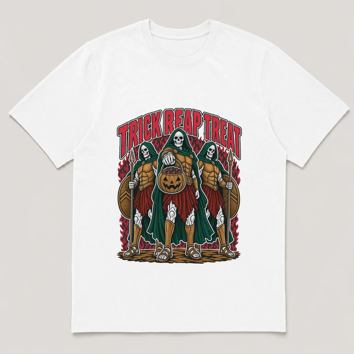 flat lay mockup of a heavyweight tee in white, front view, with the printed design TRICK REAP TREAT across the chest, White front view