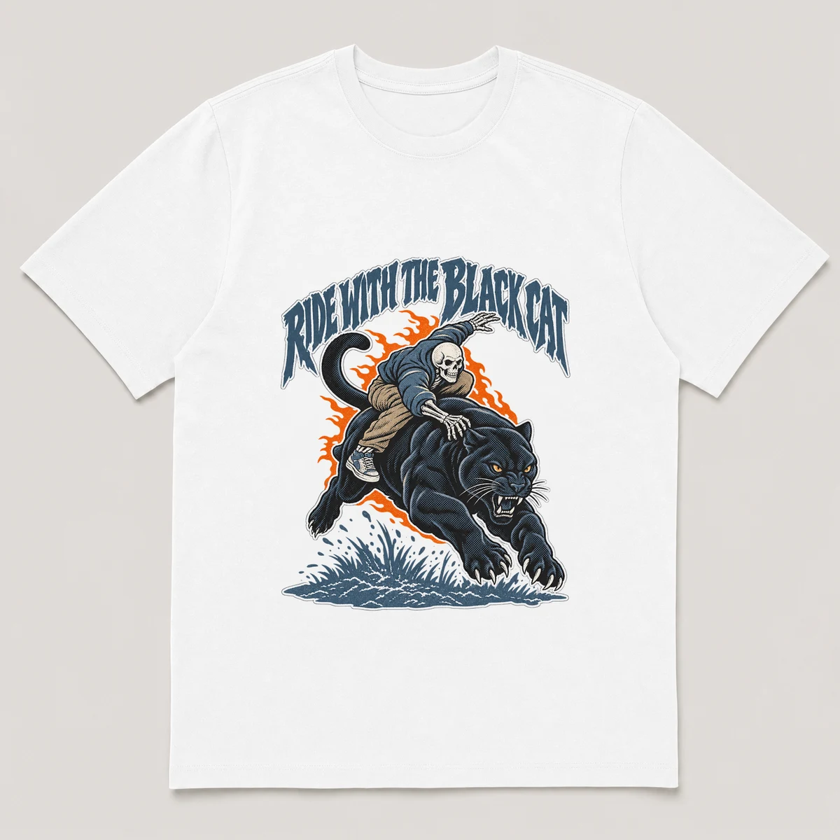 flat lay mockup of a heavyweight tee in white, front view, with the printed design RIDE WITH THE BLACK CAT across the chest, White front view