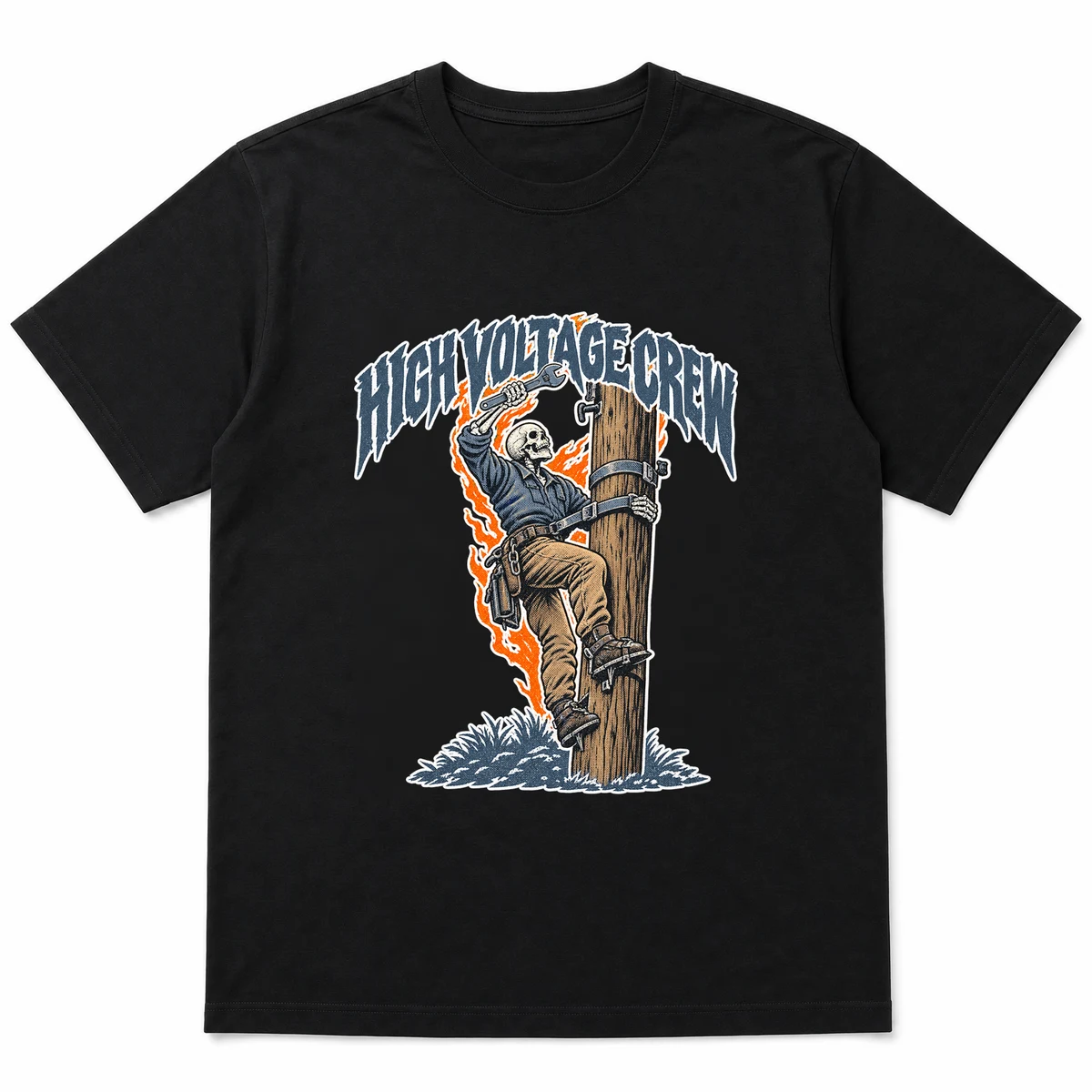 flat lay mockup of a heavyweight tee in black, front view, with the printed design HIGH VOLTAGE CREW across the chest, Black front view