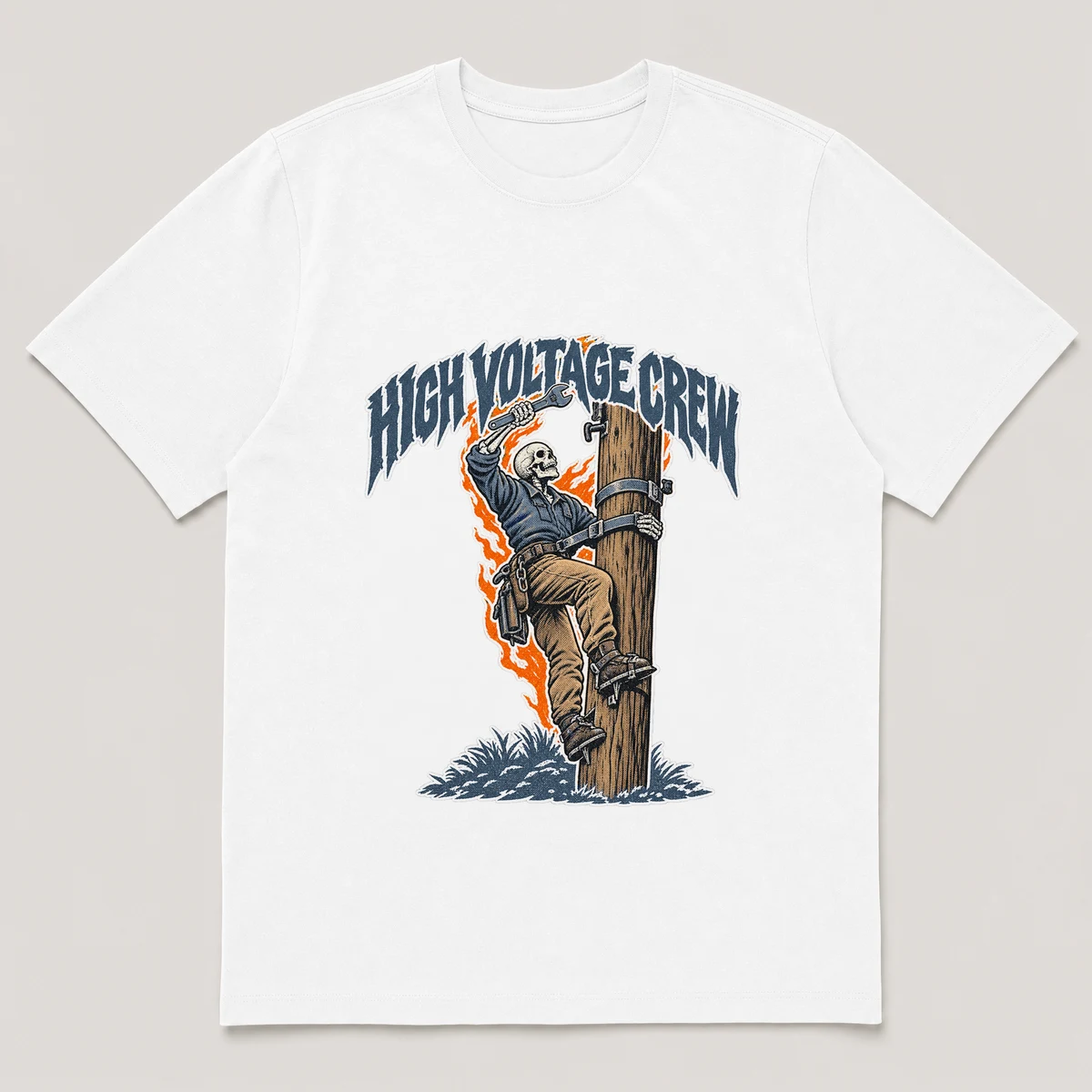 flat lay mockup of a heavyweight tee in black, front view, with the printed design HIGH VOLTAGE CREW across the chest, White front view
