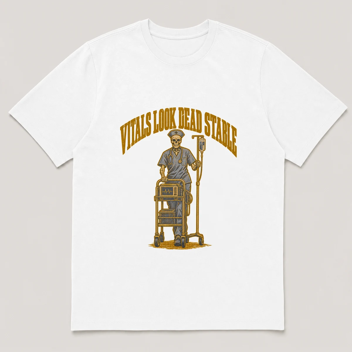 flat lay mockup of a heavyweight tee in black, front view, with the printed design VITALS LOOK DEAD STABLE across the chest, White front view