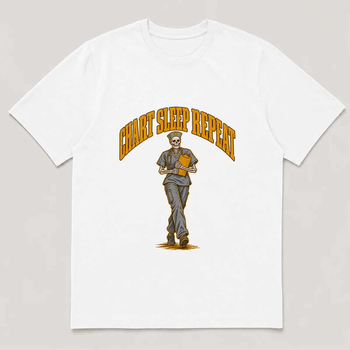 flat lay mockup of a heavyweight tee in black, front view, with the printed design CHART SLEEP REPEAT across the chest, White front view