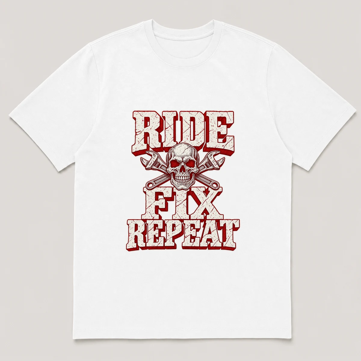 flat lay mockup of a heavyweight tee in black, front view, with the printed design RIDE FIX REPEAT across the chest, White front view